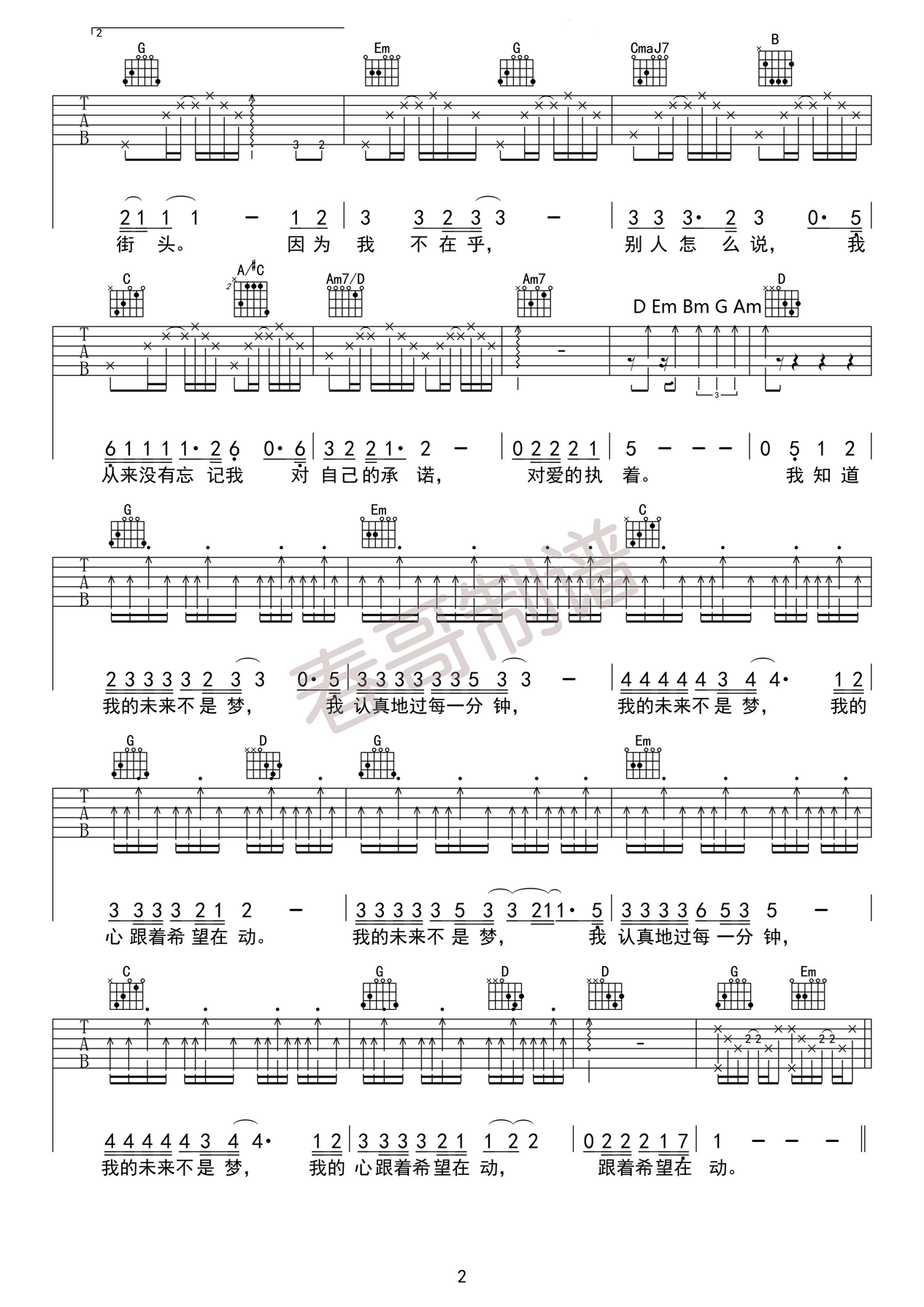 我的未来不是梦吉他谱 张雨生 g调高清版弹唱谱