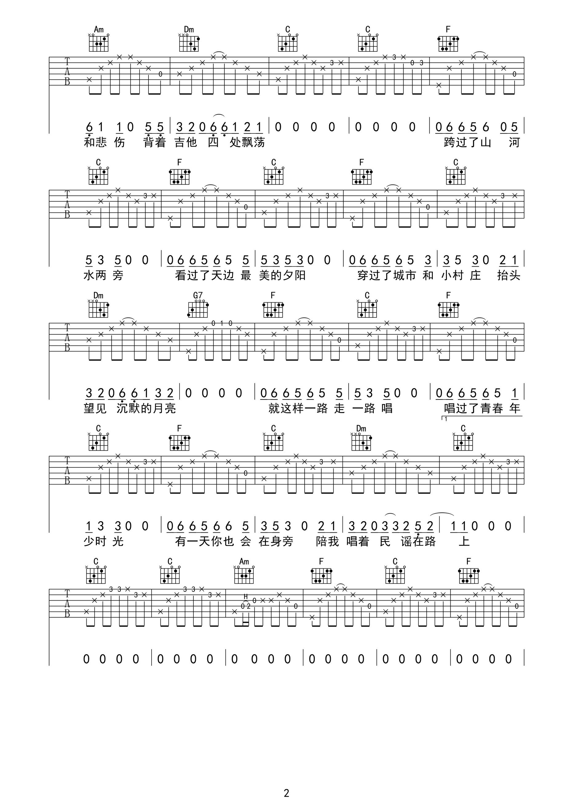 民谣在路上吉他谱 前冲乐队 c调高清弹唱谱